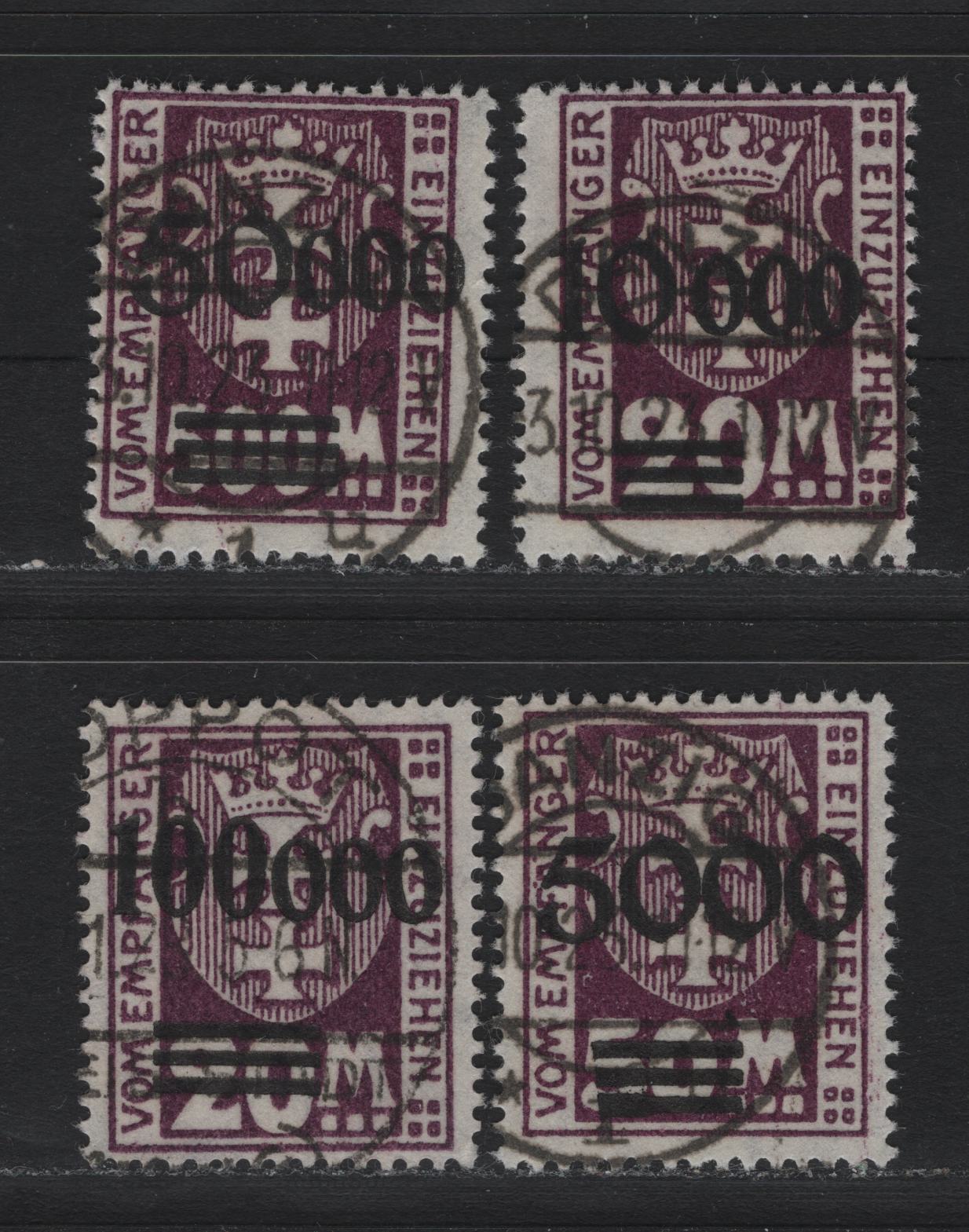 Lot 353 Danzig SC#J26-J29 (Michel #26II, 27I-28I, 29II) 5000m on 50m - 100,000 m on 20m Dark Violet Purple Arms, 1923 Postage Due Surcharges, 4 Fine & VF Used Singles Mixed Flat & Shiny Overprints, All CTO/Fake Cancels