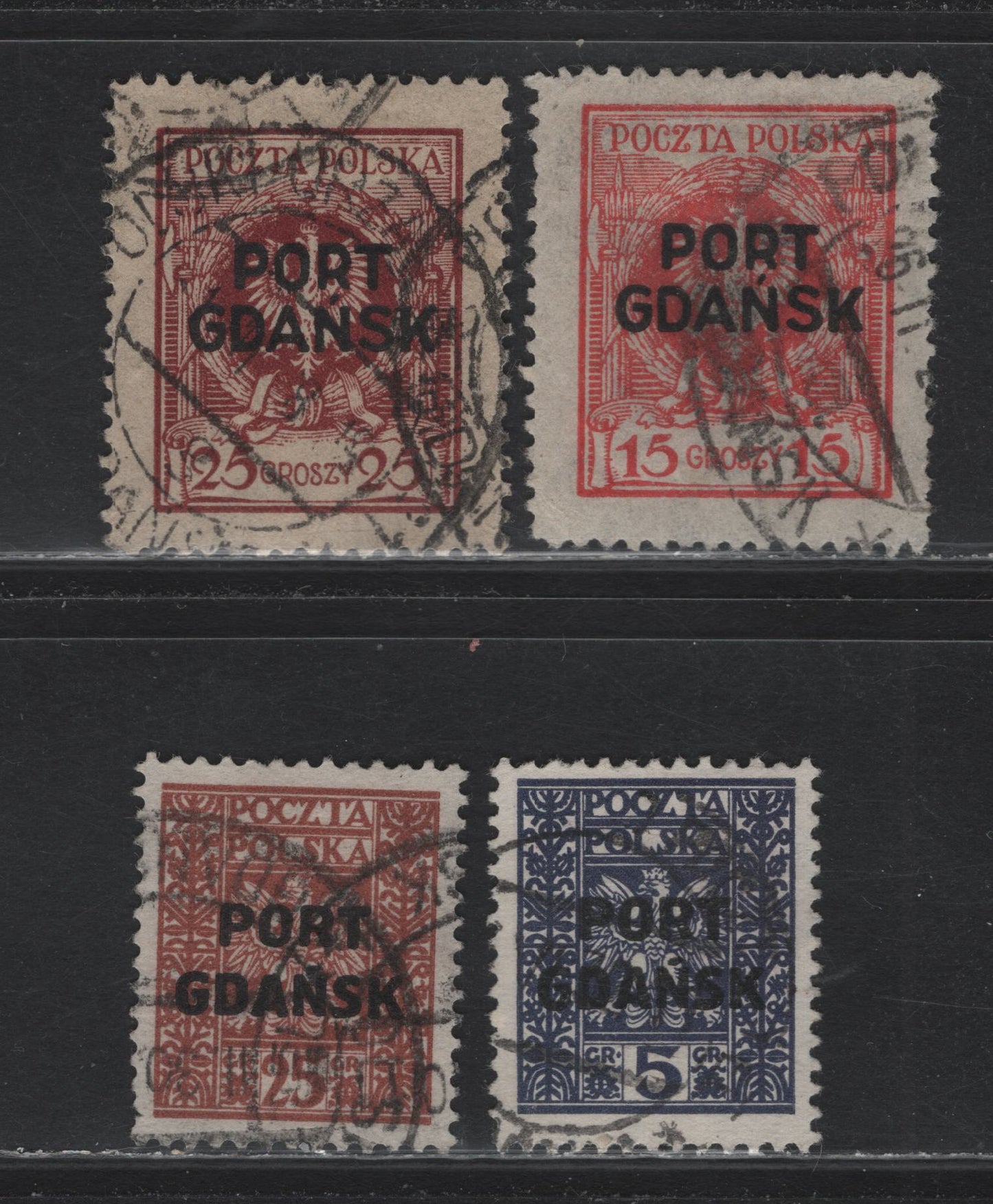 Lot 357 Poland - Offices in Danzig SC#1K6, 1K8, 1K20, 1K22 15g - 25g Red - Red Brown Arms, 1925 & 1929-1930 Arms Definitives Overprinted Port Gdansk, 4 Fine & VF Used Singles