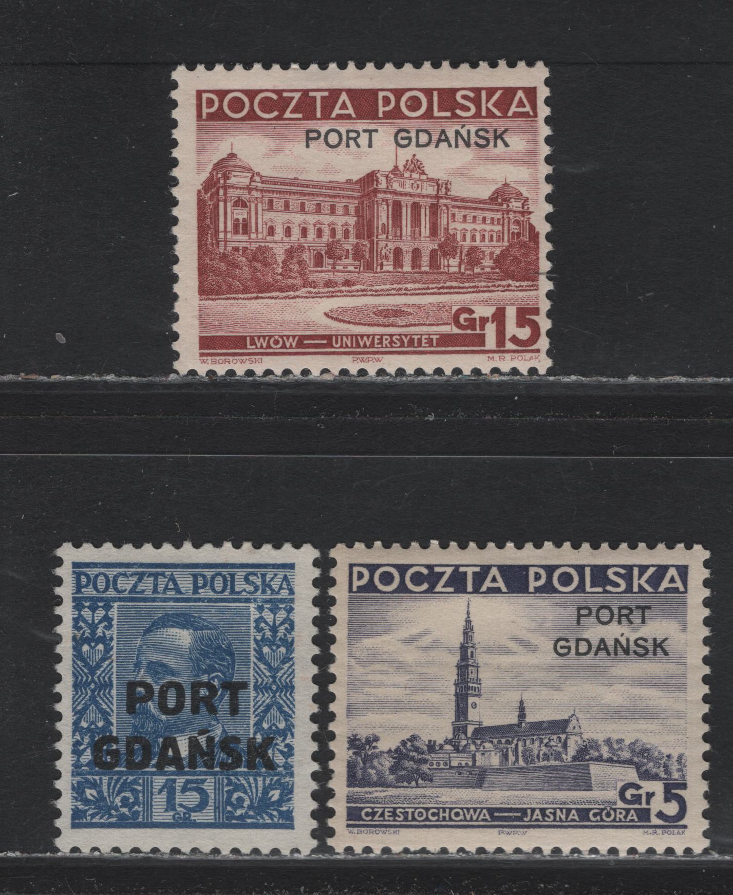 Lot 358 Poland - Offices in Danzig SC#1K23, 1K31-1K32 15g - 15gr Ultramarine - Red Brown Sienkiewicz - Lwow University, 1931 Sienkiewicz Issue & 1937 Pictorials, 3 VGOG, Fine OG & VF Unused Singles Overprinted Port Gdansk, Small Hinge Thin On 1K32