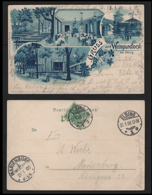 Lot 362 Germany Michel#46a 5pf Green, A Very Fine Used Postcard, Cobalt Private Mailing Danzig Postcard, Depicting "Grussaus' Weingrund Forst Bei Elving, Sent From Elbing To Marienburg, Weit Prussia On January 21 1900.
