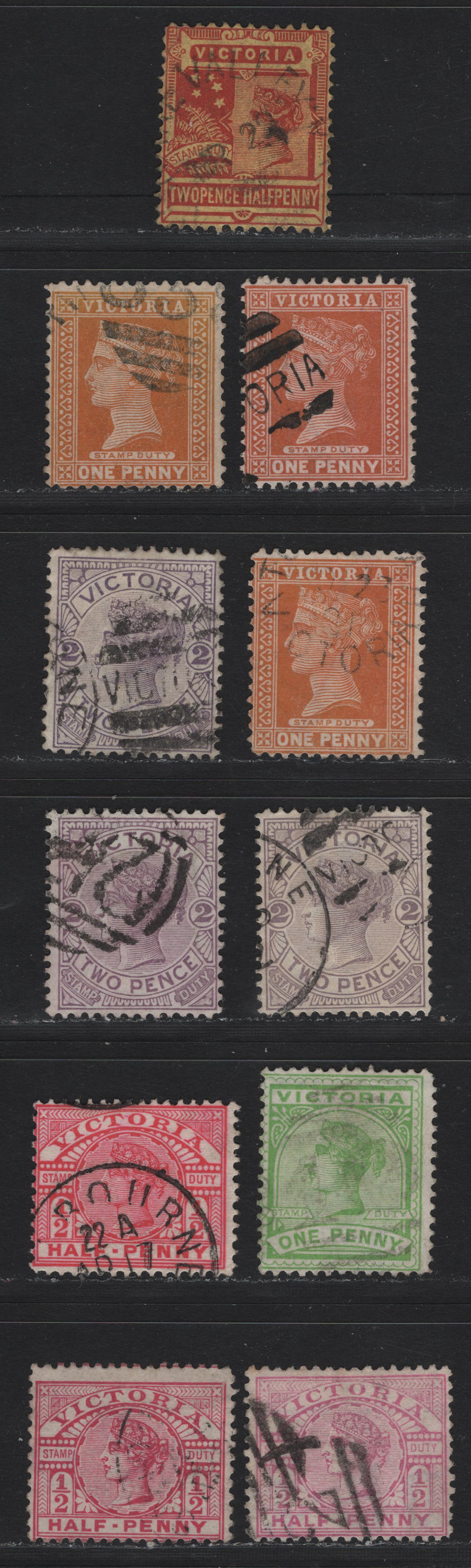 Lot 37 Australia - Victoria (C) SG#311-b/314b 1/2d-2.5d Pink-Brown Red on Yellow Queen Victoria, 1886-1896 Stamp Duty Issue, 11 VG, Fine & VF Used, Small Internal Crease On 1/2d Pink Singles Wmk V Over Narrow Based Crown