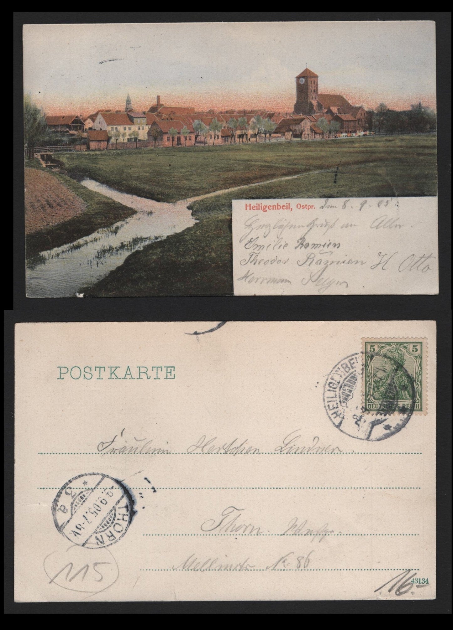 Lot 370 Germany Michel#70a 5pf Dark Yellowish Green, A Very Fine Used Color Postcards, Sent From Heiligenbeil, West Prussia To Thurn In Danzig, 1905