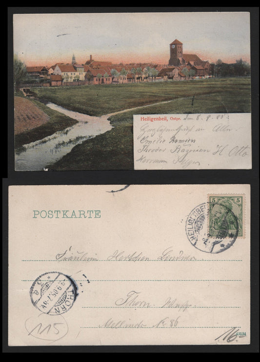 Lot 370 Germany Michel#70a 5pf Dark Yellowish Green, A Very Fine Used Color Postcards, Sent From Heiligenbeil, West Prussia To Thurn In Danzig, 1905