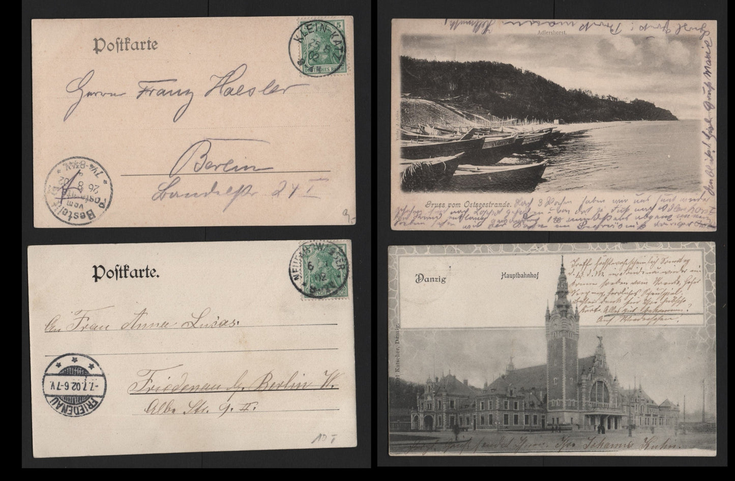 Lot 371 Germany Michel#70a 5pf Dark Opal Green, 2 Very Fine Used Black & White Undivided Back Postcards, Sent To Berlin August & July 1902, One Card Depicts Hauptbahnhof, Other Depeicts Adlershorst