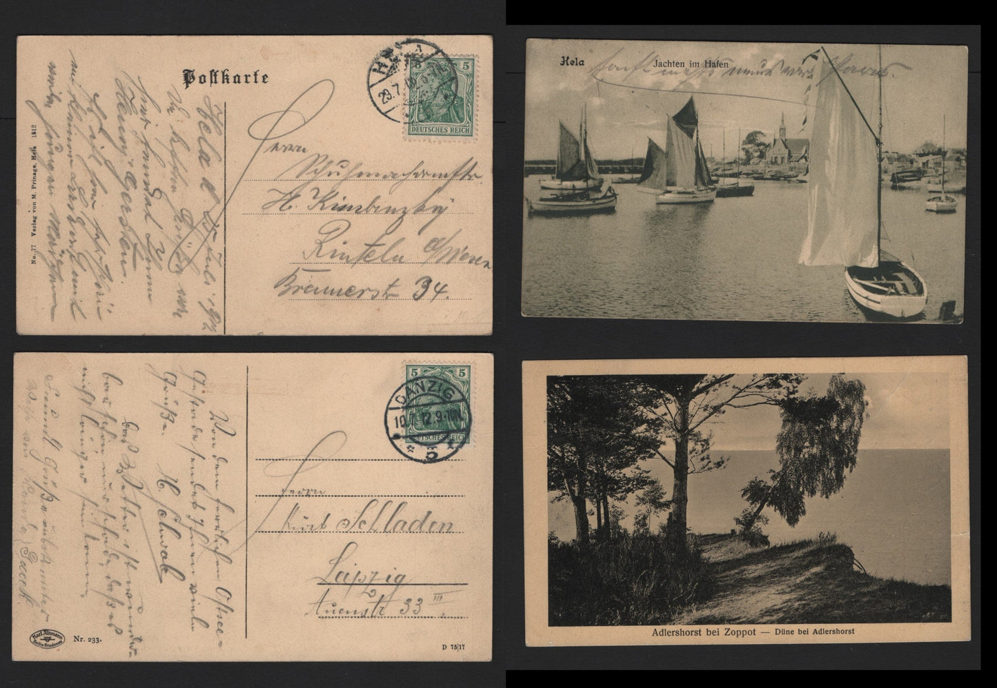 Lot 373 Germany Michel#85Ia 5pf Green, 2 Very Fine Used Black & White Postcards, Pre-War Watermarked Singles, One Depicts Sailboats In Hela & Is Used From There, Other Depicts Cliff Views In Zoppot, Both Mailed to Germany.