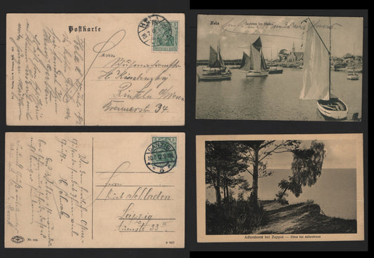 Lot 373 Germany Michel#85Ia 5pf Green, 2 Very Fine Used Black & White Postcards, Pre-War Watermarked Singles, One Depicts Sailboats In Hela & Is Used From There, Other Depicts Cliff Views In Zoppot, Both Mailed to Germany.