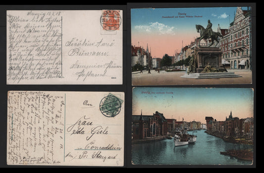 Lot 375 Germany Michel#99a - 85Ia 5pf - 7.5pf Deep Green - Reddish Orange, 2 Very Fine Used Covers, Two Danzig Color Postcards To Germany, One Card Depicts Kaiser Wilhelm Statue, Other Depicts North Part of the Port.