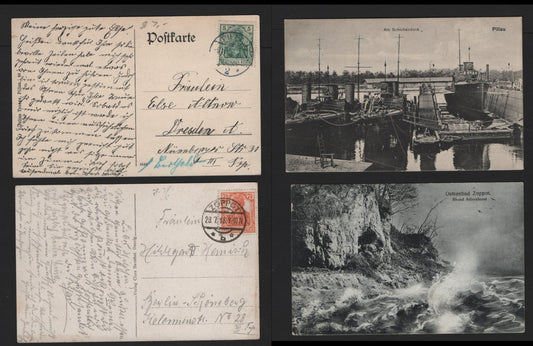 Lot 376 Germany Michel#99a - 85Ia 5pf - 7.5pf Deep Green - Reddish Orange, 2 Very Fine Used Covers, Two Danzig Black & White Postcards To Germany, One Card Depicts Docks At Pillau & Cancellation From There, Other Depicts Cliffs of Zoppt.