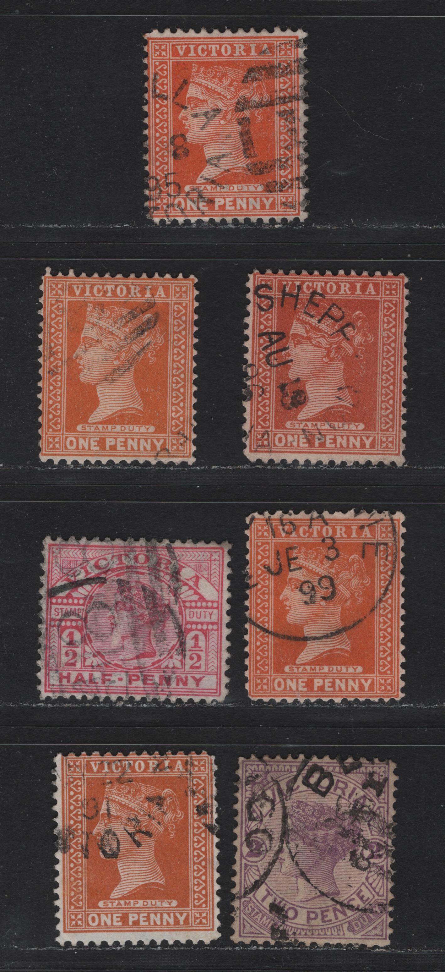 Lot 38 Australia - Victoria (C) SG#330a, 332-332a, 334 1/2-2d Carmine Rose - Violet Queen Victoria, 1896-1899 Stamp Duty Issue, 7 Fine & VF Used Singles Wmk V Over Wider Base Crown, With Serveral Shades, Small Internal Wrinkle On 1/2d Pink