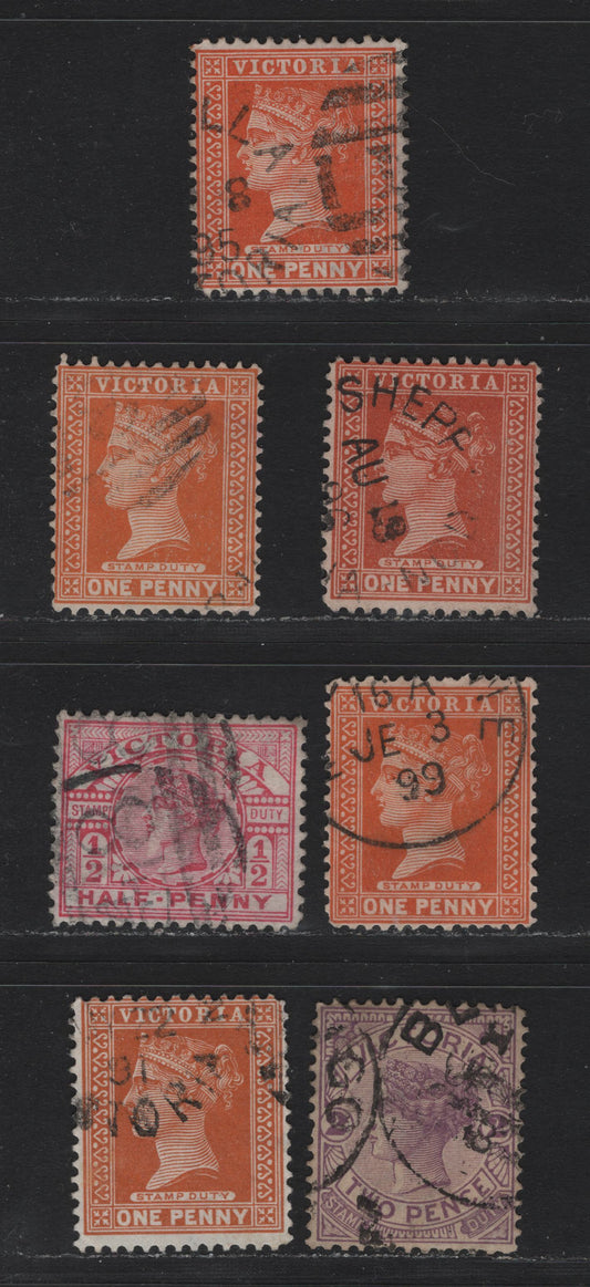 Lot 38 Australia - Victoria (C) SG#330a, 332-332a, 334 1/2-2d Carmine Rose - Violet Queen Victoria, 1896-1899 Stamp Duty Issue, 7 Fine & VF Used Singles Wmk V Over Wider Base Crown, With Serveral Shades, Small Internal Wrinkle On 1/2d Pink