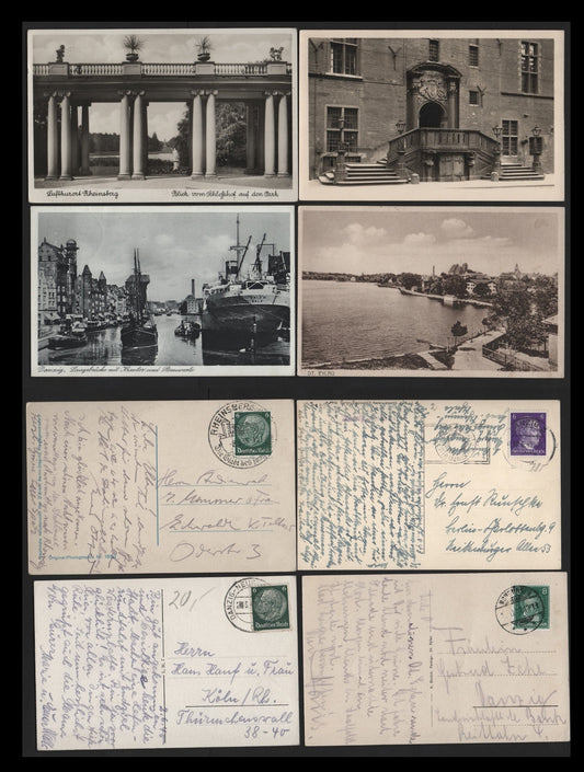 Lot 385 Germany Michel#785, 516x, 389 8pf - 6pf Green - Violet Beethoven - Hitler, 4 Very Fine Used Black/White & Sepia Postcards, Depicting Various Landmarks In Danzig, Used From Danzig