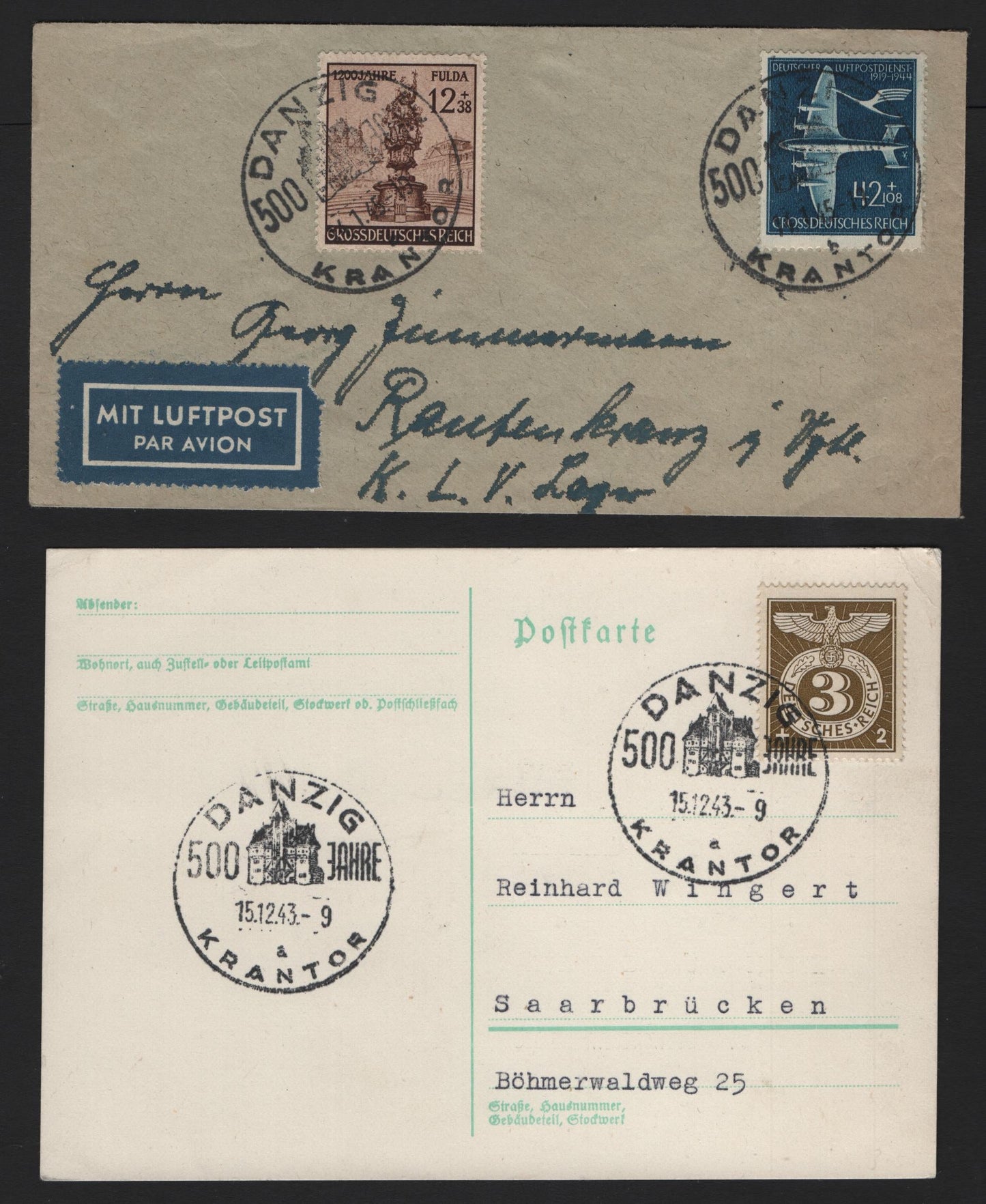 Lot 387 Germany Michel#830, 868, 886 3+2pf - 12+38pf Olive Brown - Brown, 2 Very Fine Used Airmail Cover & Souvenir Postcard, Sent In 1945, Both Sent From Danzig, Tied With 500th Anniversary Commemorative Cancels.