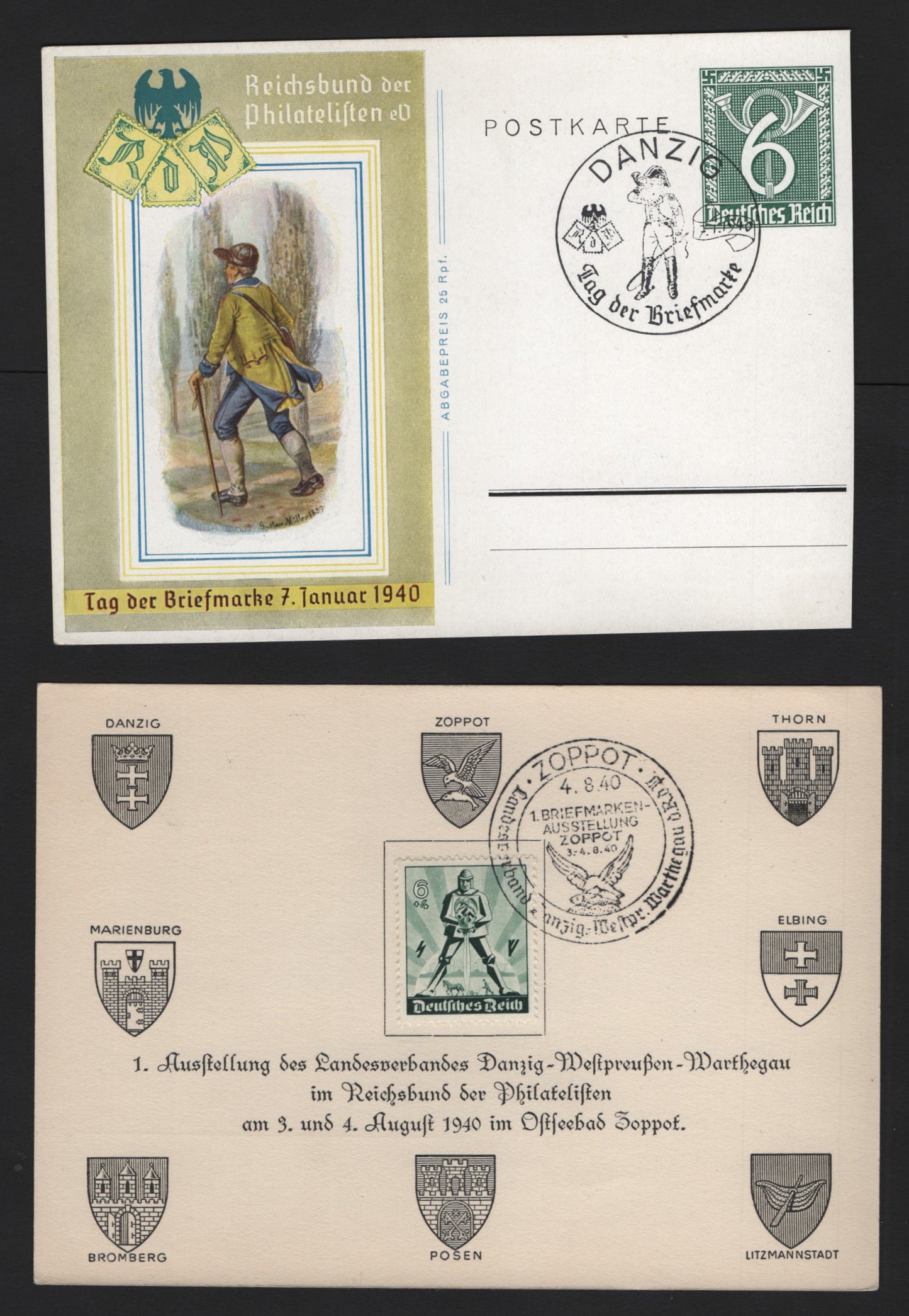 Lot 388 Germany SC#B171 6+4pf - 6pf Green, 1940 Mayday Issue, 2 Very Fine Used Covers, Tied By Commemorative Zoppot Danzig Cancel, Plus Postal Stationary Postcard With Danzig Commemorative Cancel