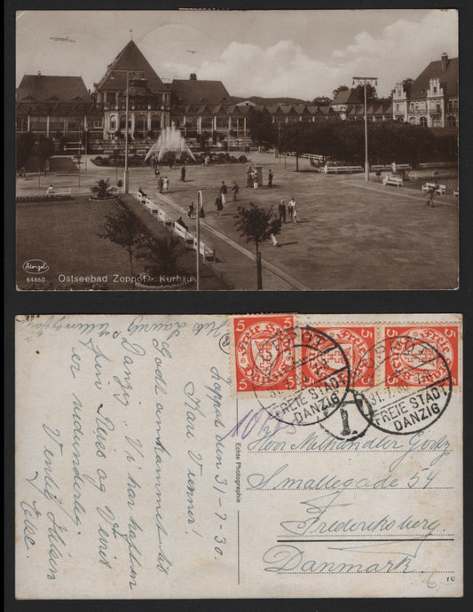 Lot 389 Danzig Michel#193xa 5pf Reddish Orange, A Very Fine Used Cover, Franked By 3 Coil Singles, Gripper Marks Used On Sepia Postcard Depicting Osteebad-Zoppot In 1930 To Denmark, Shortpaying The Required Postage, Resulting in 'T' Marking.