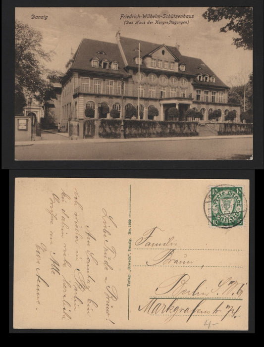 Lot 392 Danzig SC#173a 10pf Green, 1929, A Very Fine Used Cover, Stamps On White Paper, 1929 Sepia Postcard Depicting Friedrich-Wilhelm-Schutzenhaus