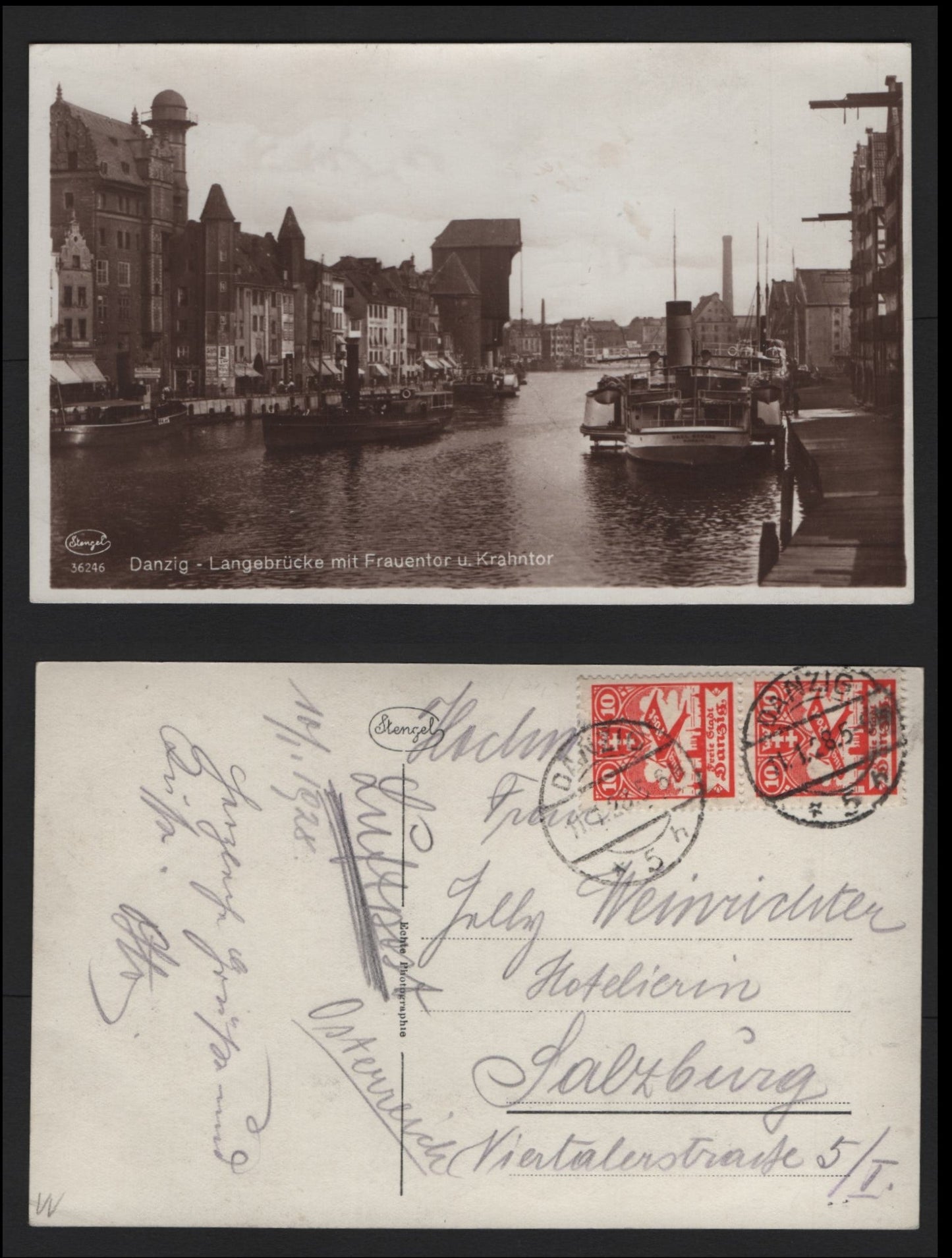 Lot 393 Danzig SC#C26 10pf Vermillion, 1924 Airmail Issue, A Very Fine Used Cover, 1928 Black & White Postcard Depicting Port Scene In Danzig To Austria