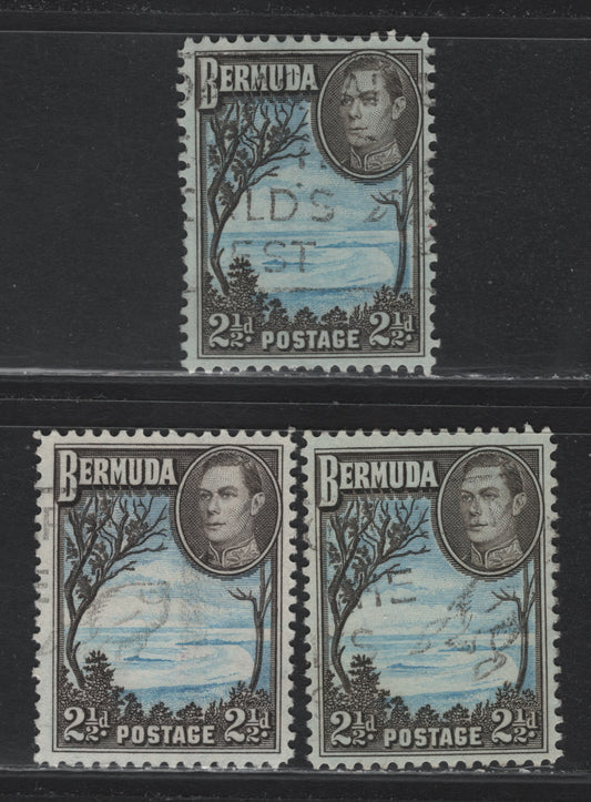 Lot 395 Bermuda SG#113 2.5d Pale Blue & Deep Sepia - Pale Bright Blue & Olive Sepia , 1936-1952 KGVI Pictorial Issue, 3 Fine/Very Fine Used Singles, 1941 & 1950-51 Printings, Different Perfs & Papers