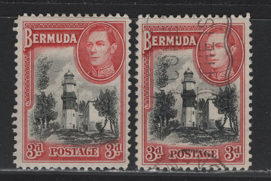 Lot 396 Bermuda SG#114 3d Black & Deep Scarlet Vermillion -Black & Rose Vermillion , 1936-1952 KGVI Pictorial Issue, 2 Fine/Very Fine Used Singles, 1938 & 1940 Printings, Opaque Papers With Clear & Barely Visible Wmks