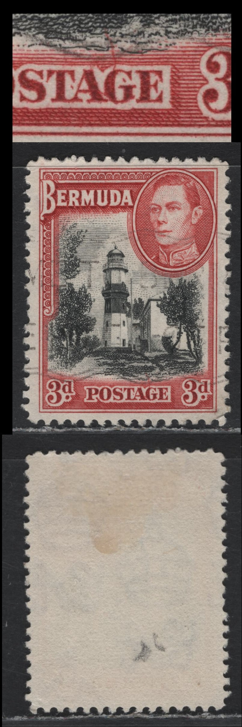 Lot 397 Bermuda SG#114var 3d Black & Deep Scarlet Vermillion , 1936-1952 KGVI Pictorial Issue, A Very Fine Used Single, 1940 Printing, Opaque Wove Paper With Barely Visible Wmk, Line Perf Showing Line From G Of Postage.