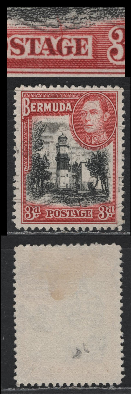 Lot 397 Bermuda SG#114var 3d Black & Deep Scarlet Vermillion , 1936-1952 KGVI Pictorial Issue, A Very Fine Used Single, 1940 Printing, Opaque Wove Paper With Barely Visible Wmk, Line Perf Showing Line From G Of Postage.
