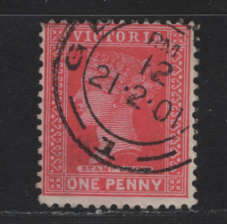 Lot 40 Australia - Victoria (C) SG#357avar 1d Bright Rosine Queen Victoria, 1899-1901 Stamp Duty Issue, A Fine Used Single Wmk V Over Round Jeweled Crown, No Visible Mesh & Nearly Invisible Wmk, Unlisted, Feb 21, 1901 Geelong Cancel