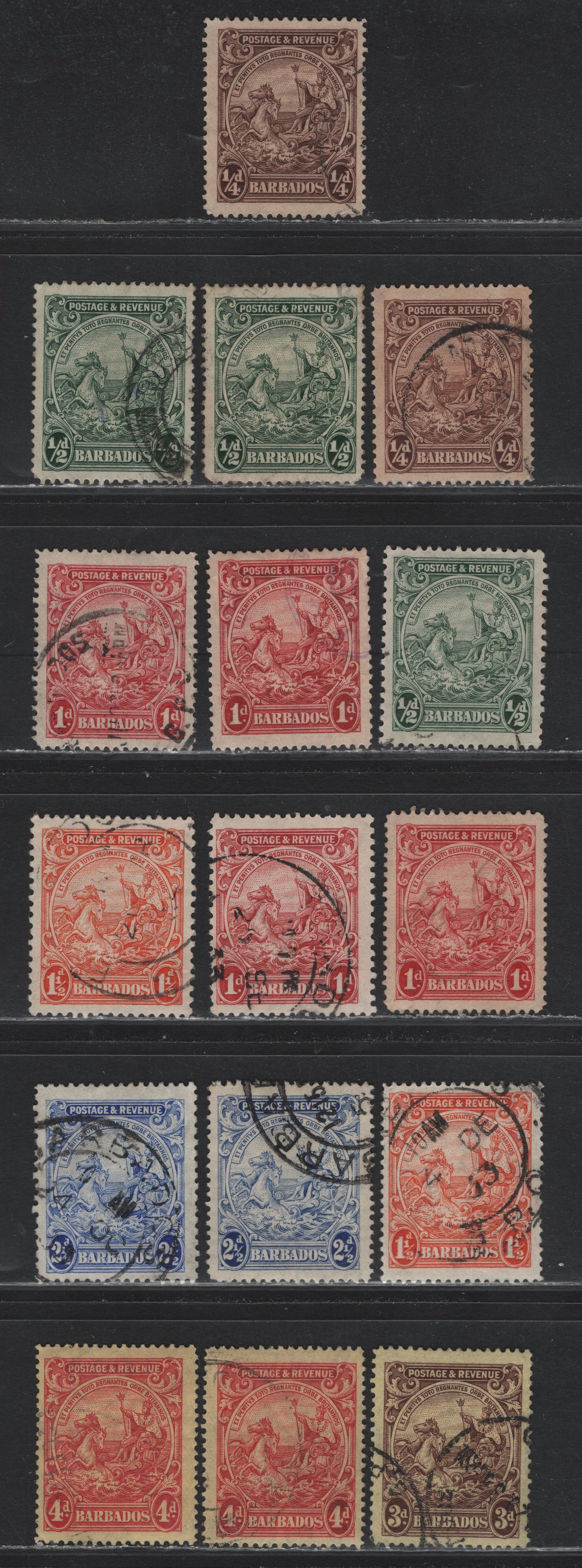 Lot 4 Barbados (C) SG#229-231da, 233ab, 234-235 1/4d - 4d Brown - Red on Pale Yellow , 1925-1935 Postage & Revenue Badge of the Colony Designs, 16 Fine/Very Fine Used Singles, Perfs 14 & 13.5x12.5 Plus Additional Shades.