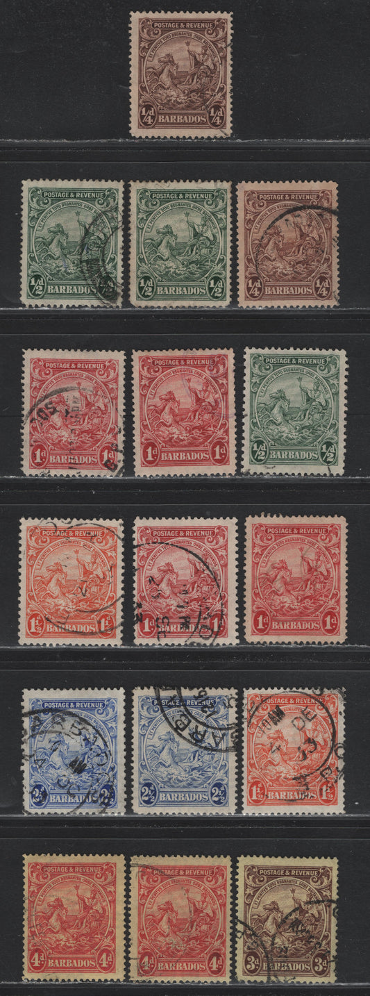 Lot 4 Barbados (C) SG#229-231da, 233ab, 234-235 1/4d - 4d Brown - Red on Pale Yellow , 1925-1935 Postage & Revenue Badge of the Colony Designs, 16 Fine/Very Fine Used Singles, Perfs 14 & 13.5x12.5 Plus Additional Shades.