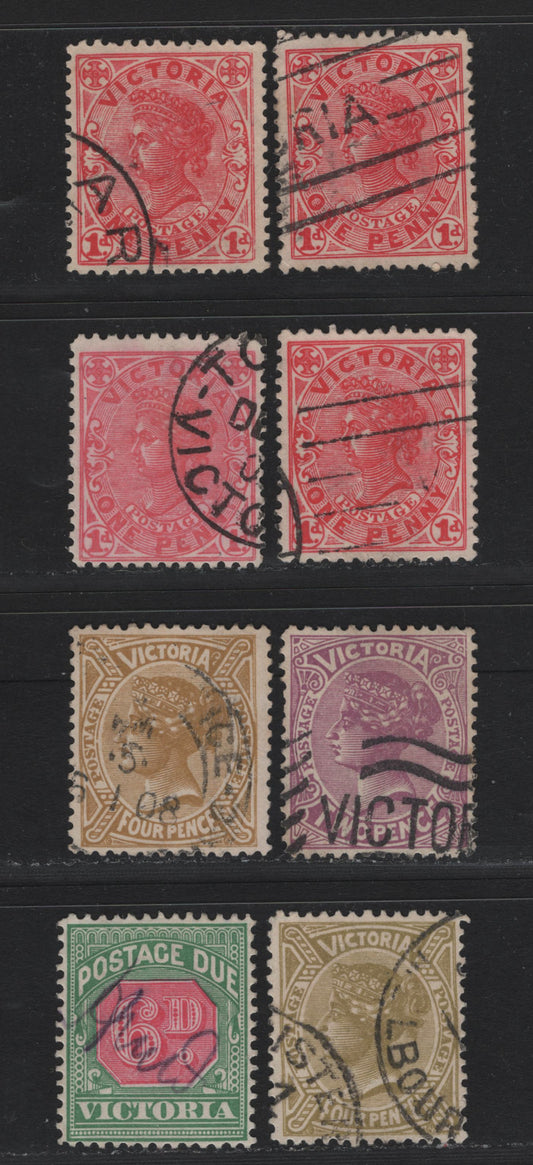 Lot 42 Australia - Victoria (C) SG#417-b/D25 1d-6d Rose Red - Pale Scarlet & Yellow Green Queen Victoria & Framed Numeral, 1905-1913 Postage Issue & 1897-1899 Postage Due Issue, 8 Fine & VF Used Singles Wmk Crown Over A & V Over Broad Based Crown