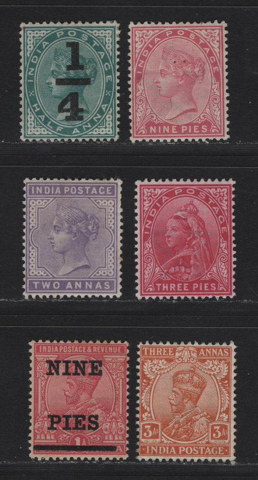 Lot 44 India (C) SG#86, 110-111, 116, 173, 192 9p-3a Rose-Dull Orange Queen Victoria - King George V, 1882-1902 Keyplates - 1911-1921 Keyplates, 6 Fine & VFOG Singles Wmk Large Star, Small Corner Crease On 2a