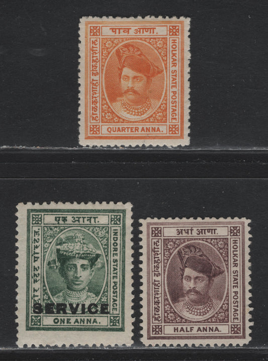 Lot 51 India - Indore (C) SG#5c, 6a, 53 1/4a - 1a Yellow - Green , 1889-1906 Maharaja Shivaji Rao Holker - Maharaja Tokoji Holker III Issues, 3 F/VFOG & Unused Singles, The 1/2a Brown Purple is Without Gum