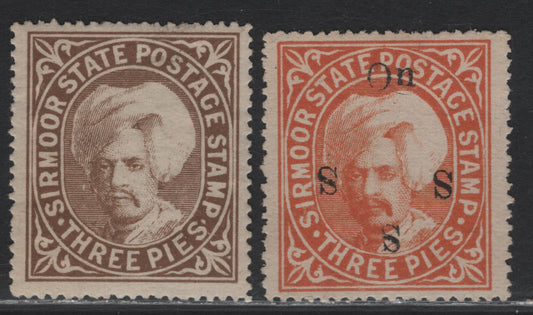 Lot 53 India - Sirmoor (C) SG#6, 54var 3p - 3p Chocolate - Orange , 1885-1886 Raja Shanster Parkush Issue, 2 FOG & Very Fine Unused Singles, Type A, Unlisted Official Overprint Type 12, No Stops After S' & All S' Inverted.