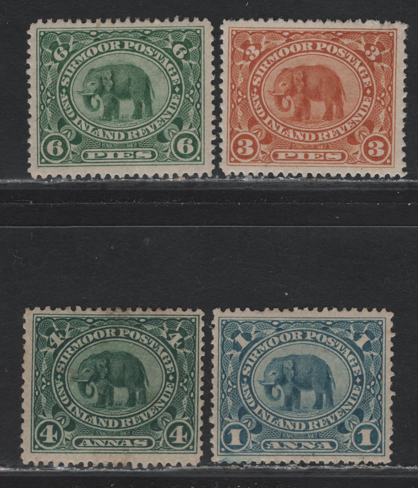 Lot 54 India - Sirmoor (C) SG#22-24, 27 3p - 4a Orane Brown - Deep Green , 1894-1899 Indian Elephant Issue, 4 F/VFOG Singles
