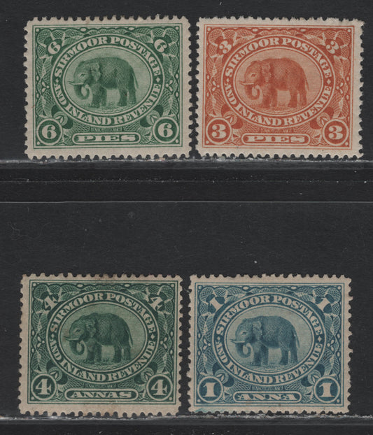 Lot 54 India - Sirmoor (C) SG#22-24, 27 3p - 4a Orane Brown - Deep Green , 1894-1899 Indian Elephant Issue, 4 F/VFOG Singles