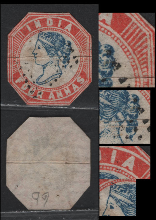 Lot 56 India (C) SG#21 4a Blue & Red , 1854-1855 Lithographed Queen Victoria Issue, An Ungraded Single, Third Printing, Head Die III, Frame Die 1, Cut to Shape, Horizontal Crease.