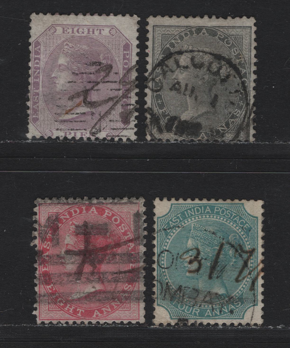 Lot 58 India (C) SG#46, 57, 69, 73 4a - 8p Gray Black - Rose , 1856-1868 Queen Victoria Keyplate Issue, 4 Ungraded Singles, 4a Gray Black Unwatermarked, Rest Elephants Head Wmk, Die 1