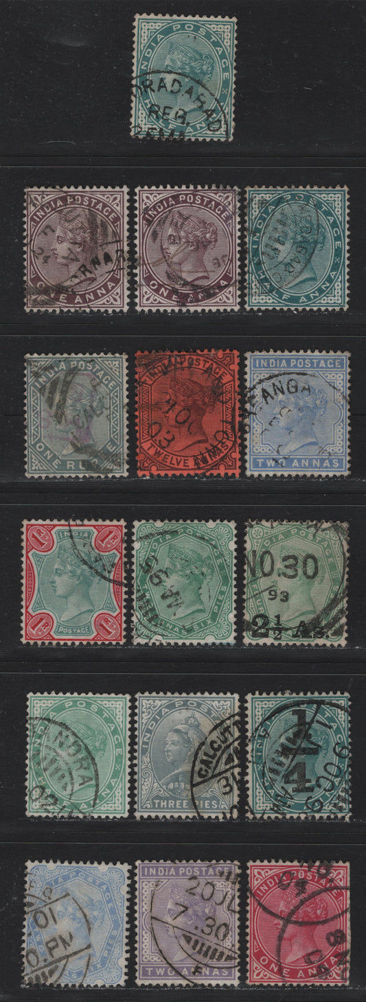 Lot 60 India (C) SG#84/102, 103, 106, 110, 112, 114-115, 117-118 1/2a - 2a6p Deep Blue Green - Ultramarine , 1882-1900 Queen Victoria Keyplate Issue, 16 Fine/Very Fine Used Singles, With Listed Shades of 1a & 1/2a