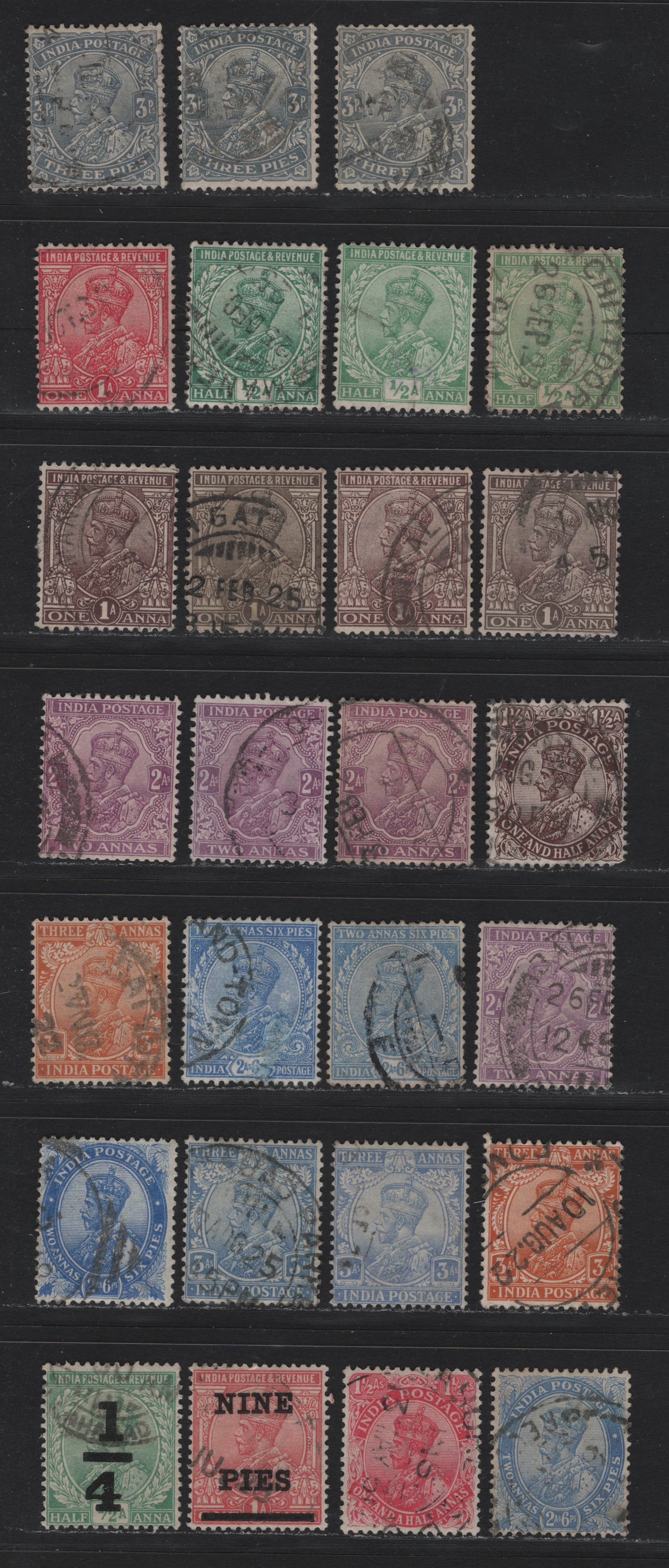 Lot 62 India (C) SG#153-173, 192, 196-198, 200 3p - 3a Bluish Gray - Dull Orange , 1912-1926 King George V Keyplate Issue, 27 Fine/Very Fine Used Singles, With Many of The Listed Shades, The 1.5a Chocolate Is Type A
