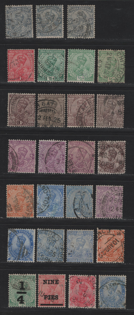 Lot 62 India (C) SG#153-173, 192, 196-198, 200 3p - 3a Bluish Gray - Dull Orange , 1912-1926 King George V Keyplate Issue, 27 Fine/Very Fine Used Singles, With Many of The Listed Shades, The 1.5a Chocolate Is Type A