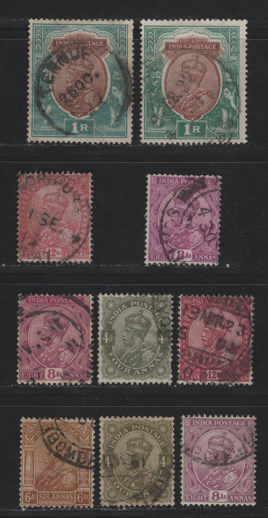Lot 63 India (C) SG#174-175, 178-181, 184-186 4a - 1r Deep Olive - Brown & Blue Green , 1912-1926 King George V Keyplate Issue, 10 Fine/Very Fine Used Singles, Includes The 8a Bright Mauve