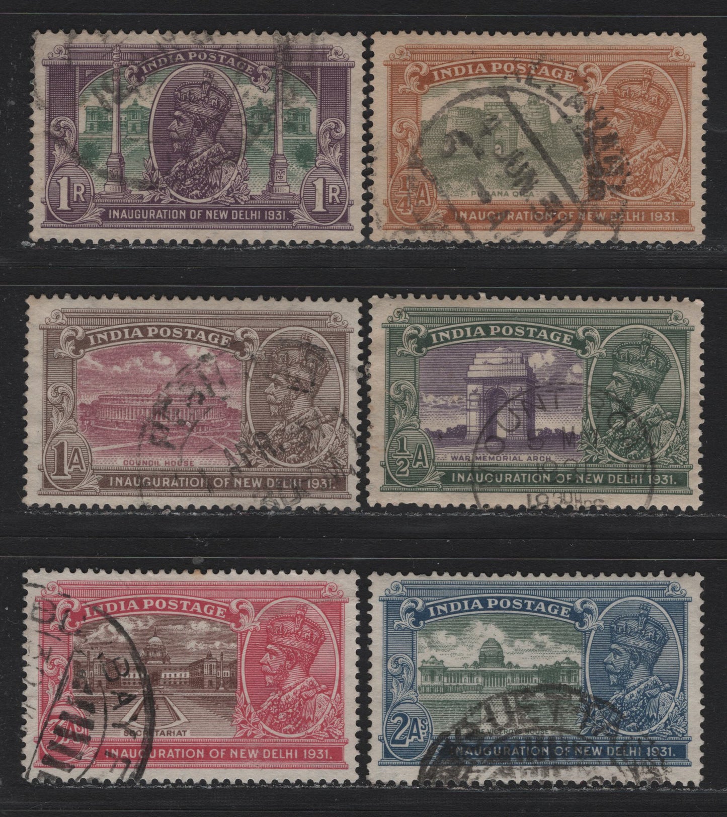 Lot 64 India (C) SG#226w, 227-228, 229w-231w 1/4a - 1r Olive Gray & Orange Brown - Violet & Green , 1931 Inauguation of New Delhi Issue, 6 Fine/Very Fine Used Singles, 1/2a, 2a, 3a & 4a Have Wmk Stars Pointing Left, 3a & 1r Have Light Diagonal Creases