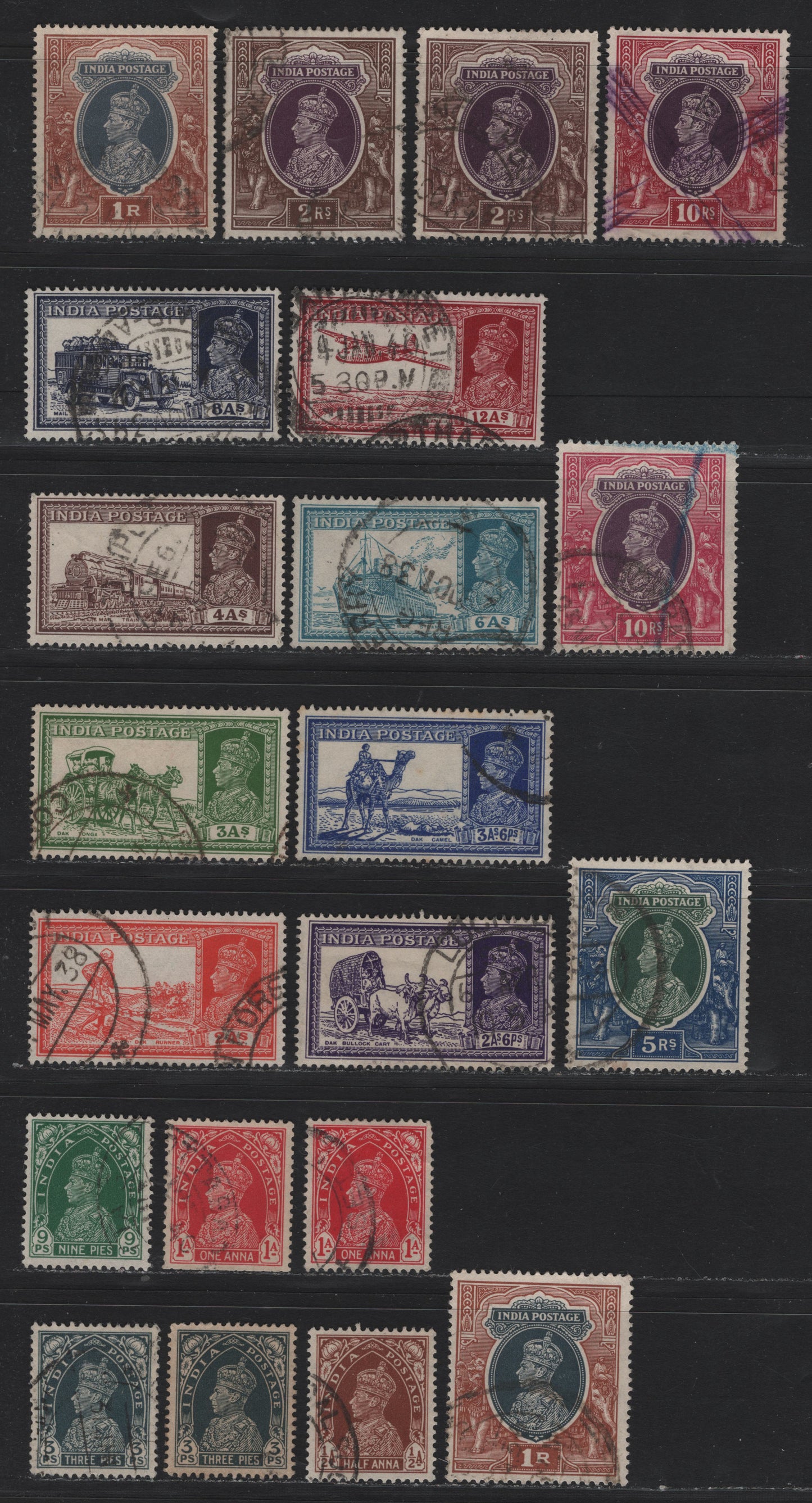 Lot 66 India (C) SG#247-262 3p - 10r Purple & Claret , 1937-1940 KGVI Definitive Issue, 21 Fine/Very Fine Used Singles