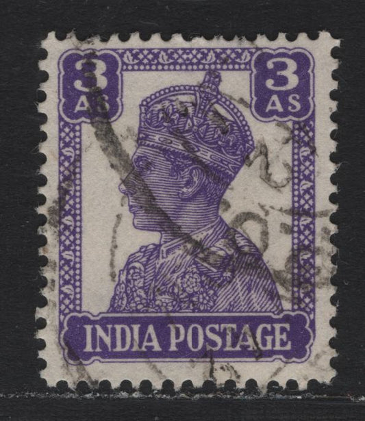 Lot 68 India (C) SG#271aw 3a, 1/4a on 1/2a Bright Violet , 1940-1943 KGVI Definitive Issue, A Fine Used Single, Scarce Inverted Wmk, Lithographed