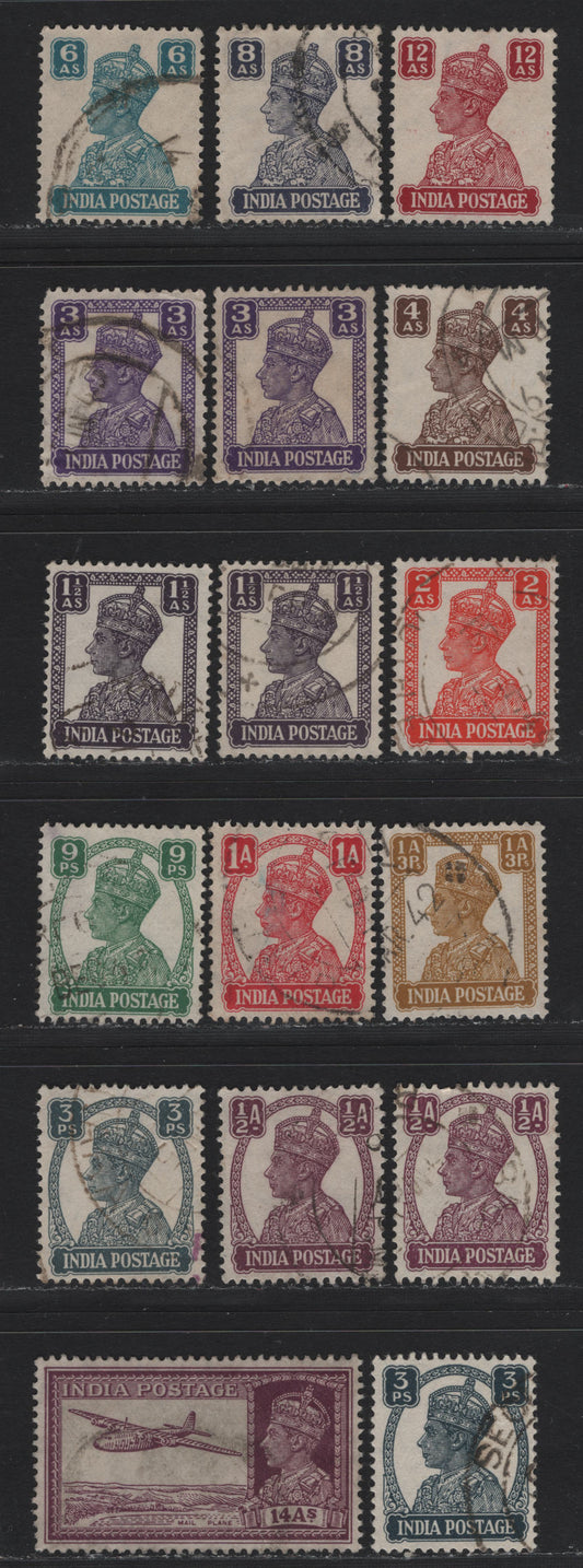 Lot 69 India (C) SG#265-271b, 273-277 3p - 14a Slate - Purple , 1940-1943 KGVI Definitive Issue, 17 Very Fine Used Singles, With Additional Shades
