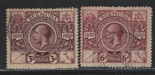 Lot 7 Bermuda (C) SG#70, 72 3c - 6d Purple on Pale Yellow - Purple , 1921 Tercentenary of Representative Institutions, 2 Fine Used Singles, Crown CA Wmk