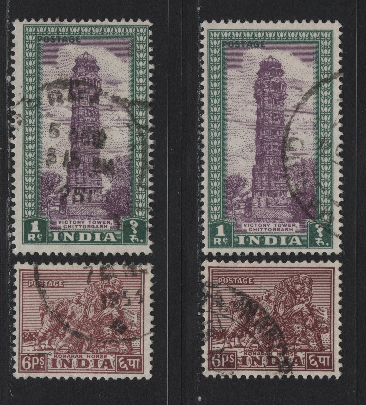 Lot 72 India (C) SG#310w, 320w 6p - 1r Purple Brown - Dull Violet & Green , 1949-1952 Pictorial Issue, 2 Very Fine Used Singles, Sideways Inverted Wmks, Two Shade Variations of Each
