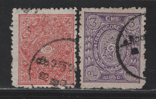 Lot 80 India - Travancore (C) SG#23var, 44var 4ca - 3ch Pink - Violet , 1889-1930 Conch Shell Issue, 2 Fine/Very Fine Used Singles, Examples From Wmk Type A Or C, Spacing Of The Wmks Is So Poor That No Wmk Is Visible