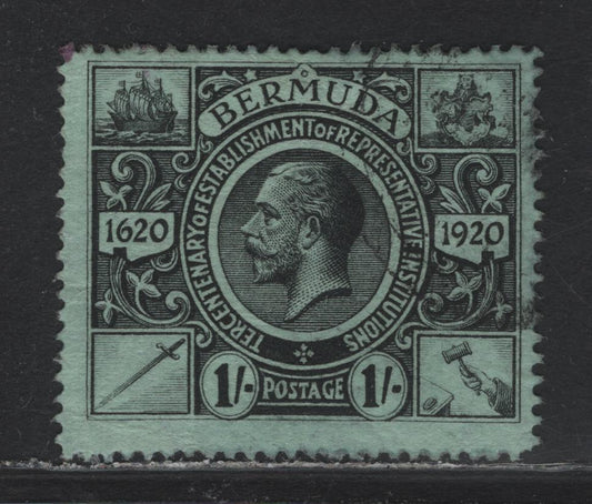 Lot 8 Bermuda (C) SG#73 1/- Black on Green , 1921 Tercentenary of Representative Institutions, A Very Good Used Single, Corner Crease At LL