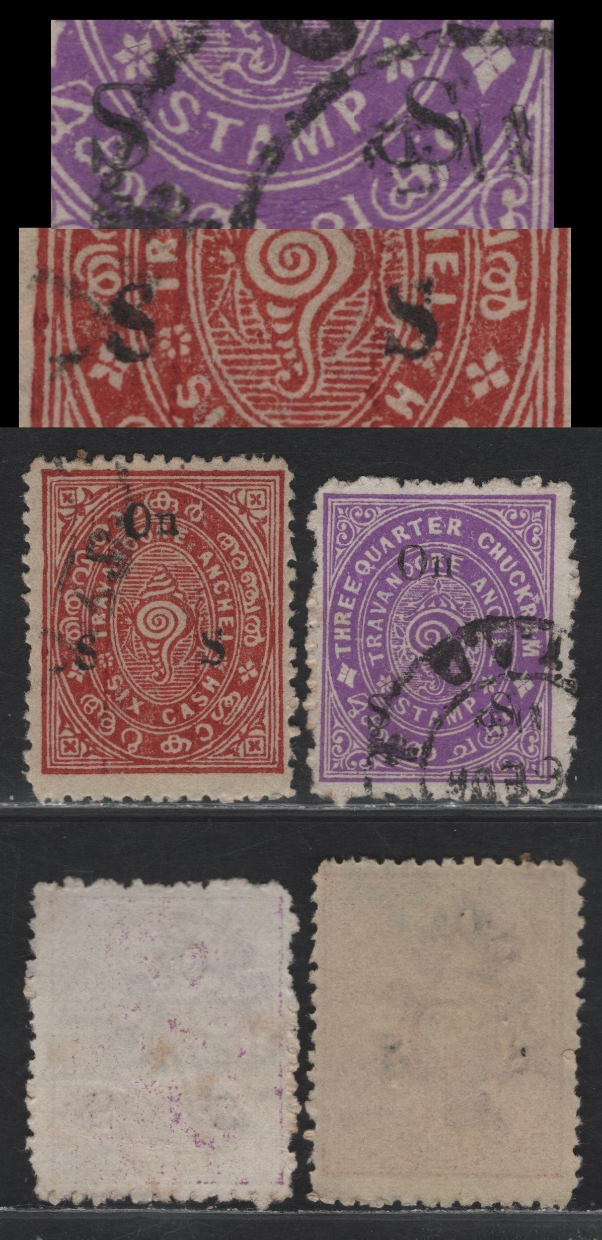 Lot 88 India - Travancore (C) SG#O52var, O45var 3/4ch - 6ca Mauve - Brown Red , 1930-1939 Conch Shell Official Issue, 2 Fine Used Singles, Type O6 & O7 Overprints (16mm & 14mm High), Both Showing Left S Inverted, Unlisted.