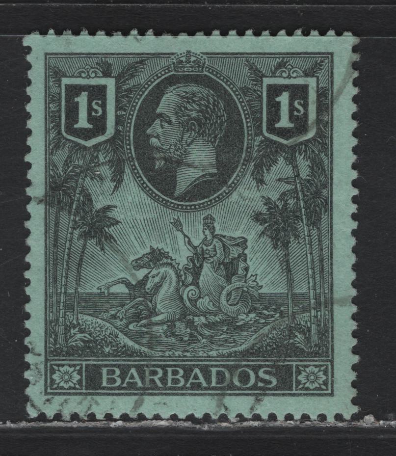 Lot 9 Barbados (C) SG#178 1/- Black on Green , 1912-1916 KGV Badge of the Colony Keyplates Issue, A Very Fine Used Single