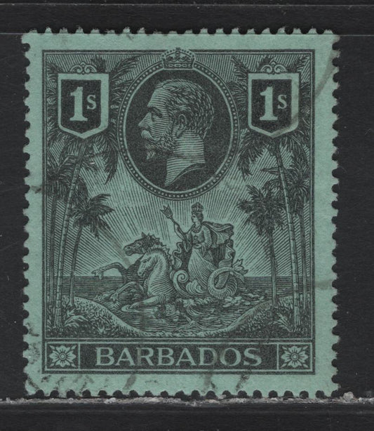Lot 9 Barbados (C) SG#178 1/- Black on Green , 1912-1916 KGV Badge of the Colony Keyplates Issue, A Very Fine Used Single
